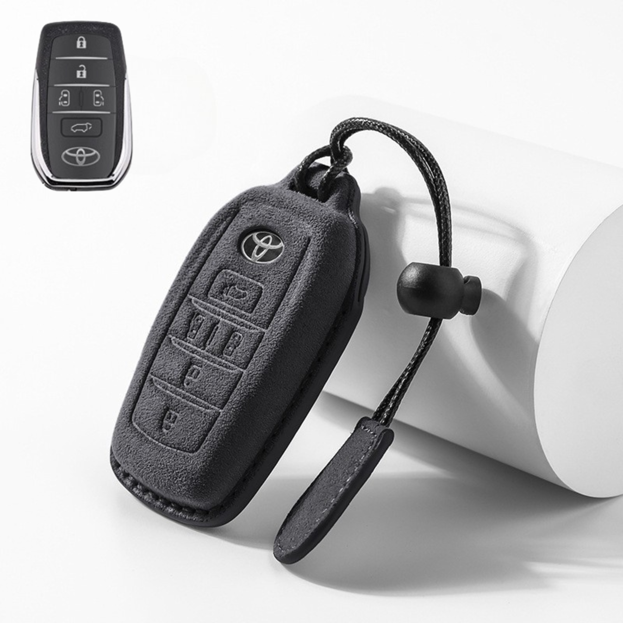 Black Alcantara key cover for Toyota Sienna Alphard with premium suede texture and braided loop