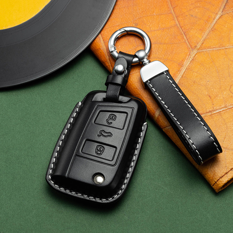 Hand‑stitched genuine leather Volkswagen key fob cover, black