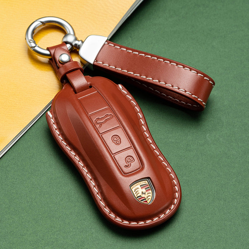 Brown real leather Porsche key case with gold clip