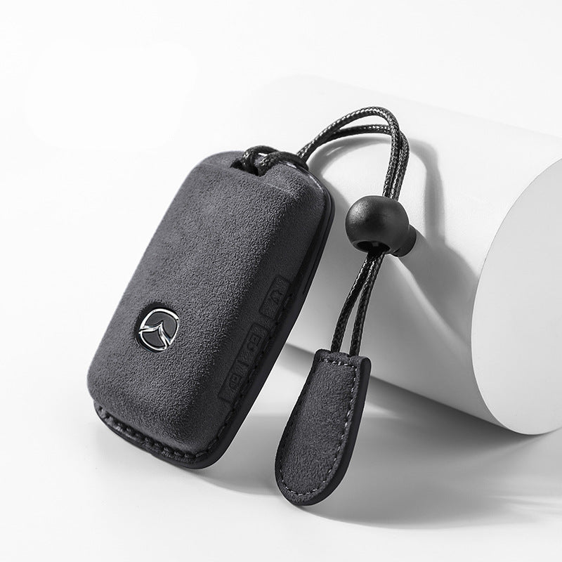 Black Alcantara Mazda key cover with suede loop keyring