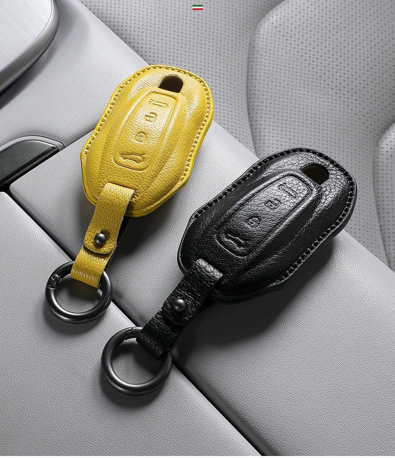 Porsche Type C sheepskin key cover - Yellow and Black in car