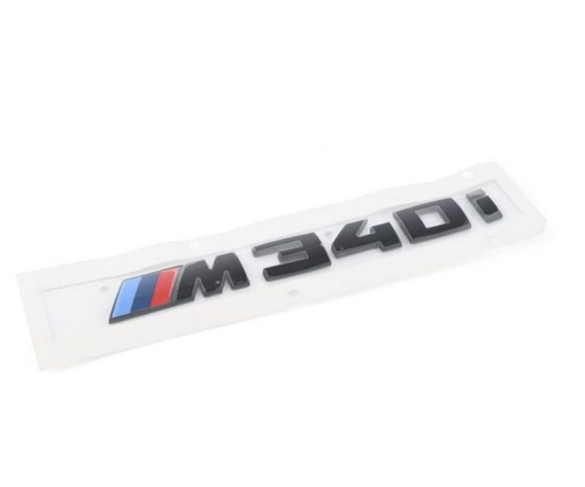 BMW M340i gloss black rear badge with M stripes – OEM emblem