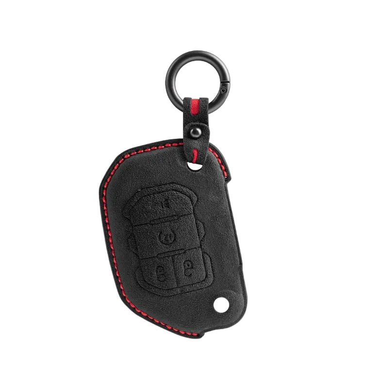 Black key fob cover with red stitching on a white background, made of Alcantara for Jeep.