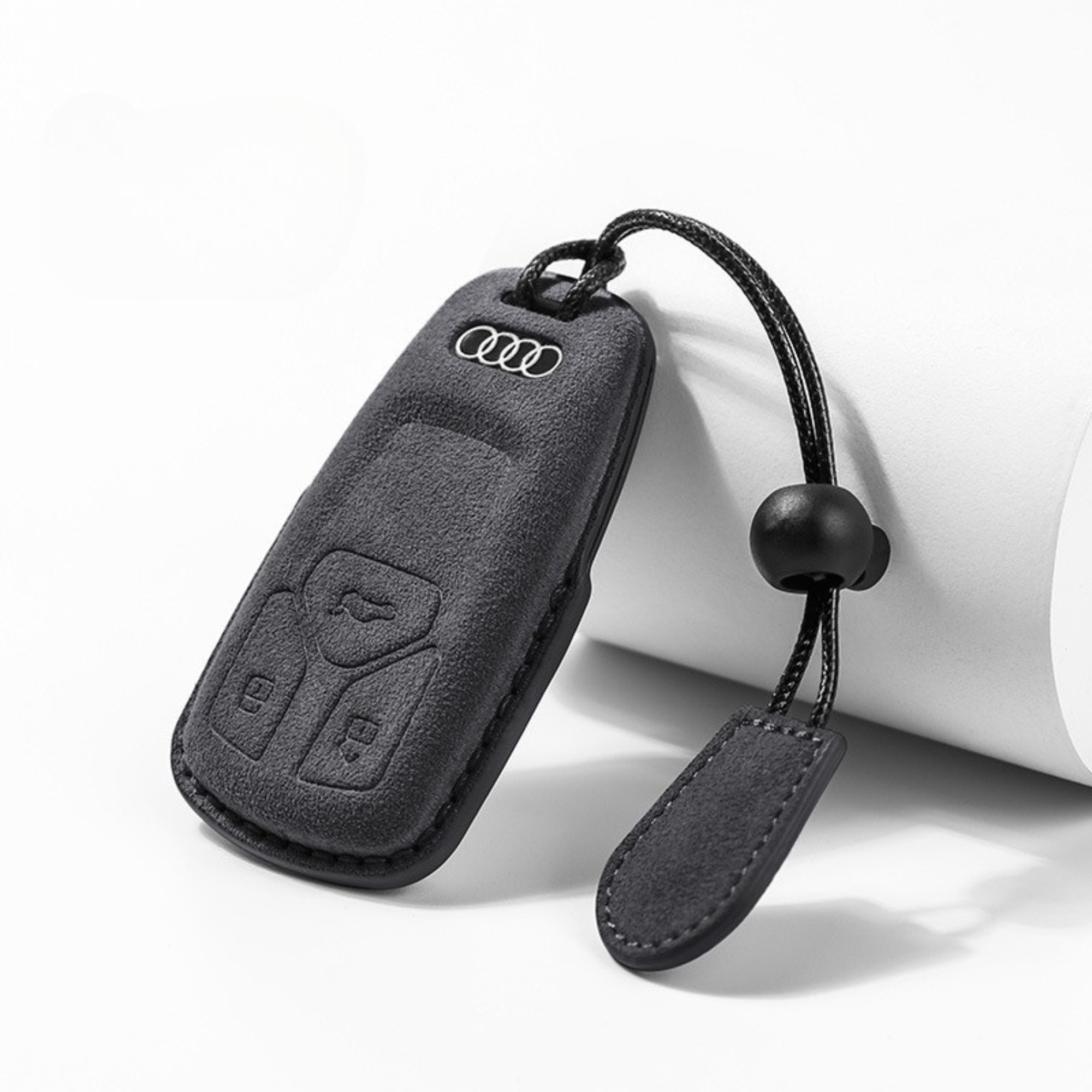 Black Audi Alcantara key cover with suede loop – luxury finish