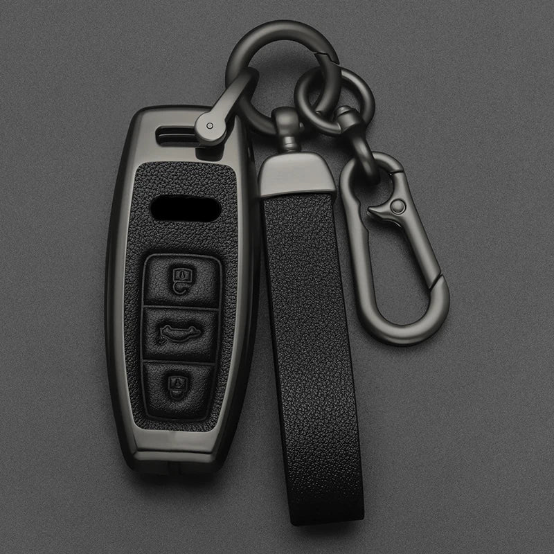 Side view of Audi alloy key cover, showcasing the high-quality metal construction, precise fit, and elegant key fob protection.