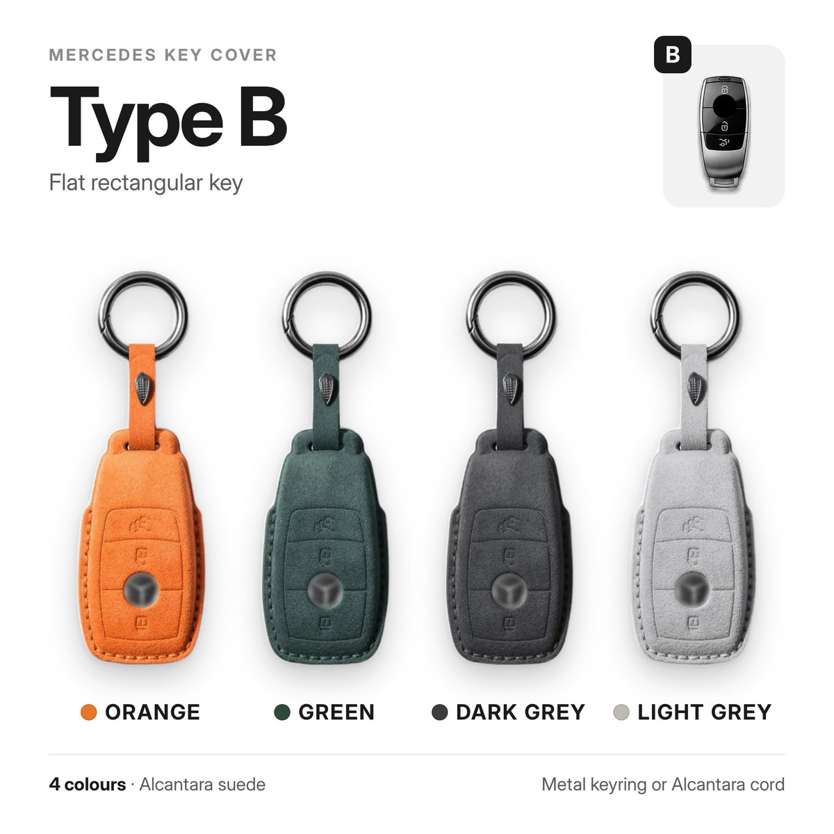 Mercedes key cover Type B in orange, green, dark grey and light grey Alcantara