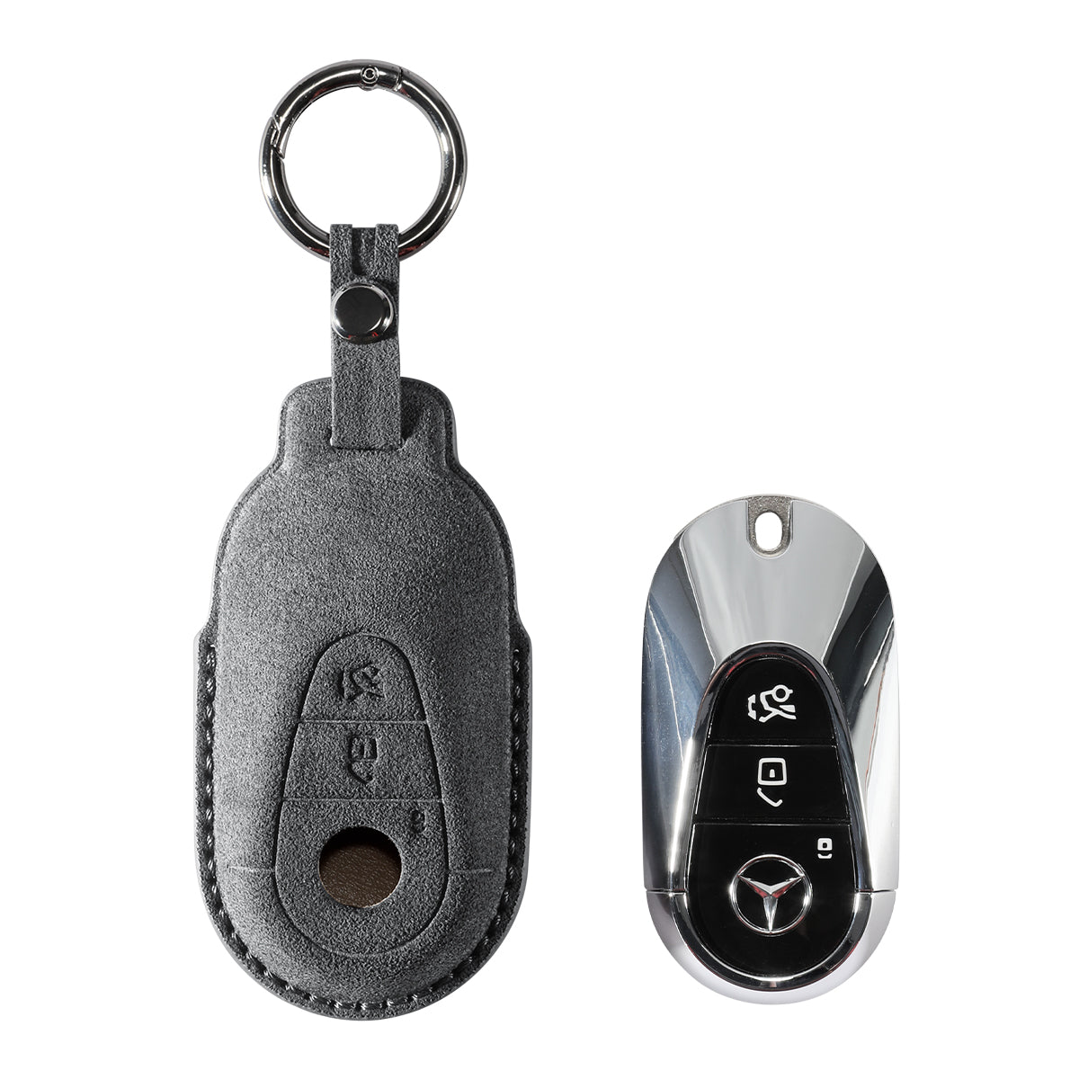 Benz key fob cover shown with key, Alcantara suede