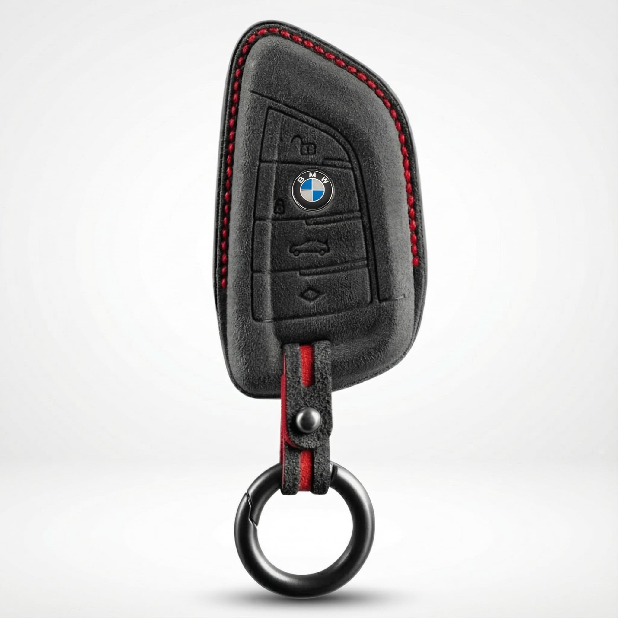 BMW alcantara key fob cover with red stitching on a white background