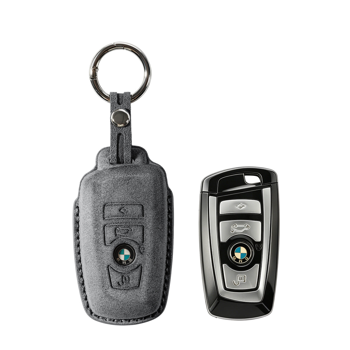 BMW key fob cover shown with key, Alcantara suede