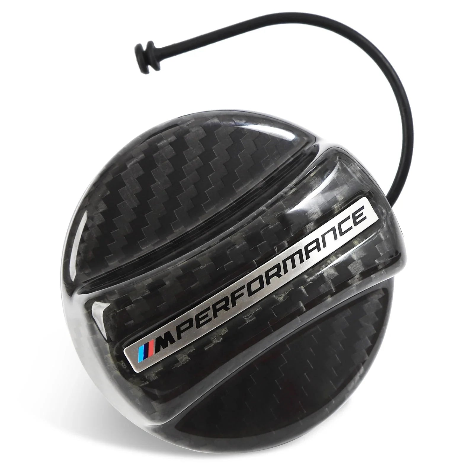 BMW M Performance carbon fiber fuel tank cap with a sleek, high-gloss finish, enhancing fuel filler aesthetics while offering premium durability