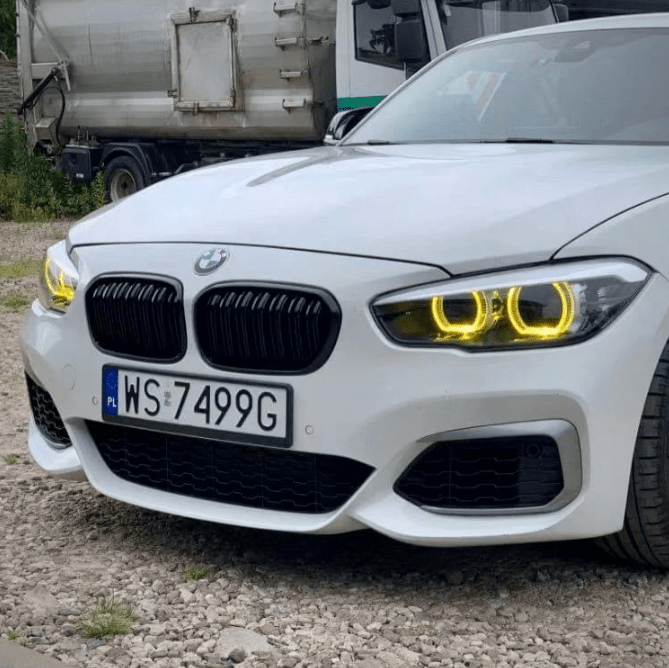 BMW F20 1 Series CSL yellow DRL module upgrade for 2017-2019 LED headlights, enhancing visibility with a sleek, motorsport-inspired look.