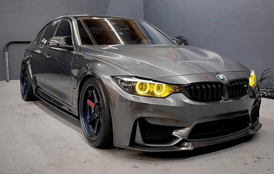 BMW 3 Series F30 CSL yellow DRL module upgrade for 2012-2015 Xenon headlights, providing a high-end race-inspired lighting aesthetic.