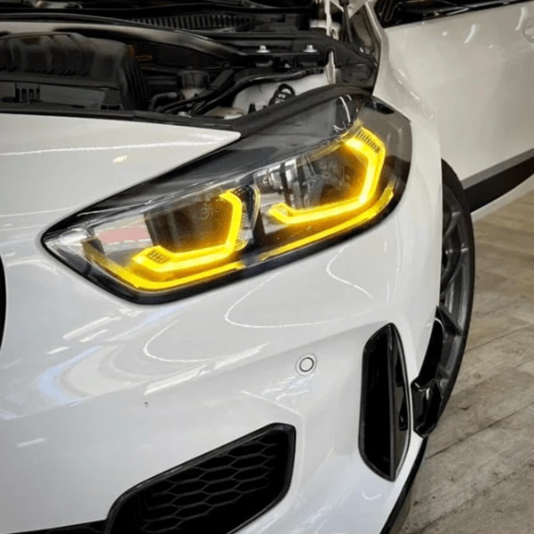 Side view of BMW F40 LCI 1 Series CSL yellow DRL upgrade for LED headlights, offering a bold and high-performance aesthetic.