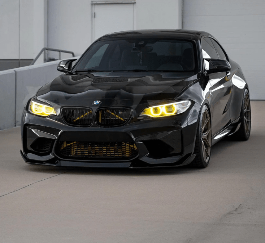 BMW F87 M2 / F22 2 Series CSL yellow DRL module upgrade for 2014-2017 Pre-LCI Xenon headlights, enhancing visibility with a motorsport-inspired look.