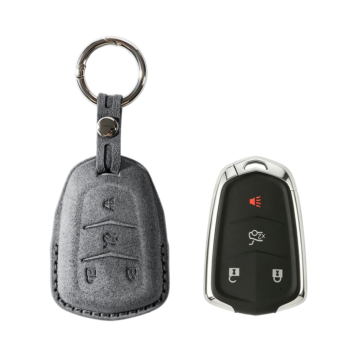 Cadillac key fob cover shown with key, Alcantara suede