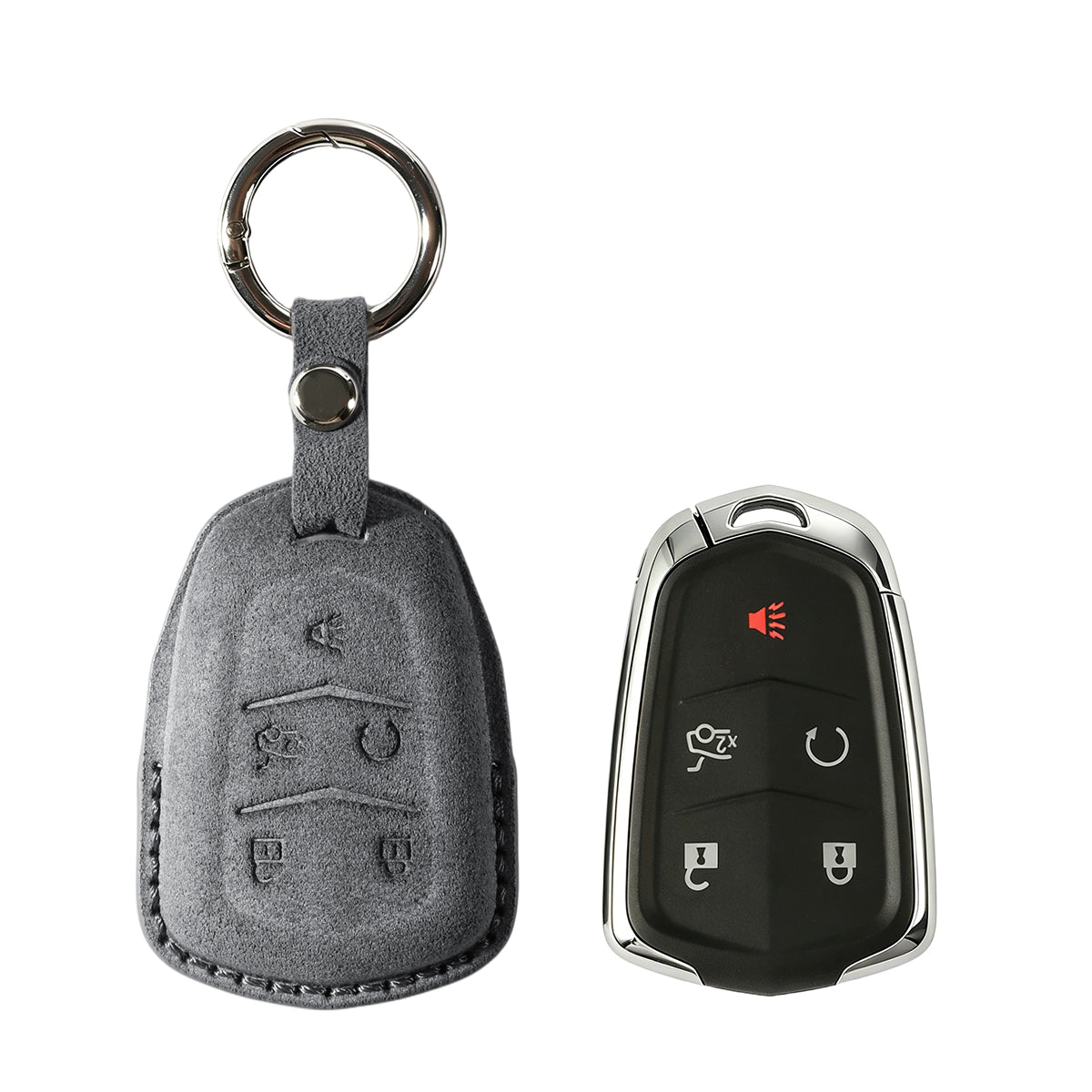 Cadillac key fob cover shown with key, Alcantara suede