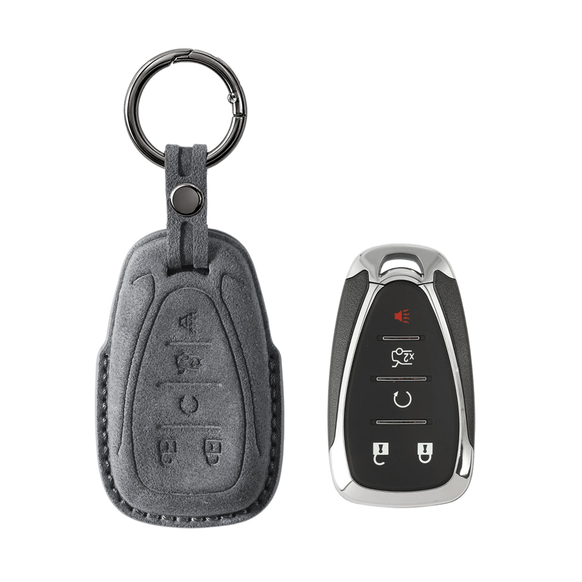 Chevrolet key fob cover shown with key, Alcantara suede