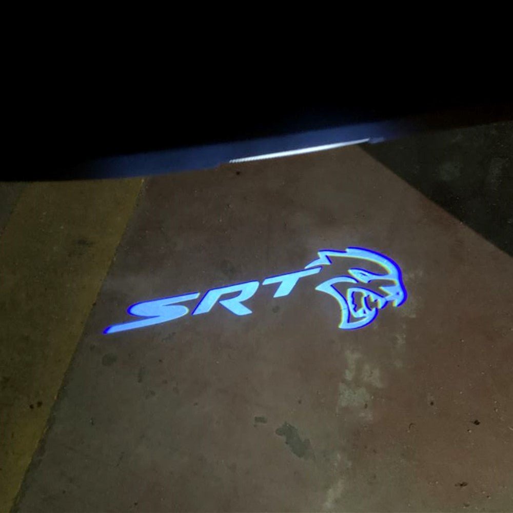 Dodge SRT LED door projector light illuminating the SRT logo in blue, adding a sleek and modern look to your entryway