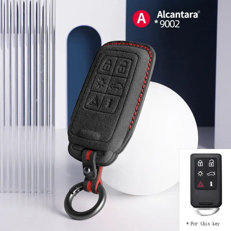 Volvo Alcantara suede key fob cover in black (red stitching)