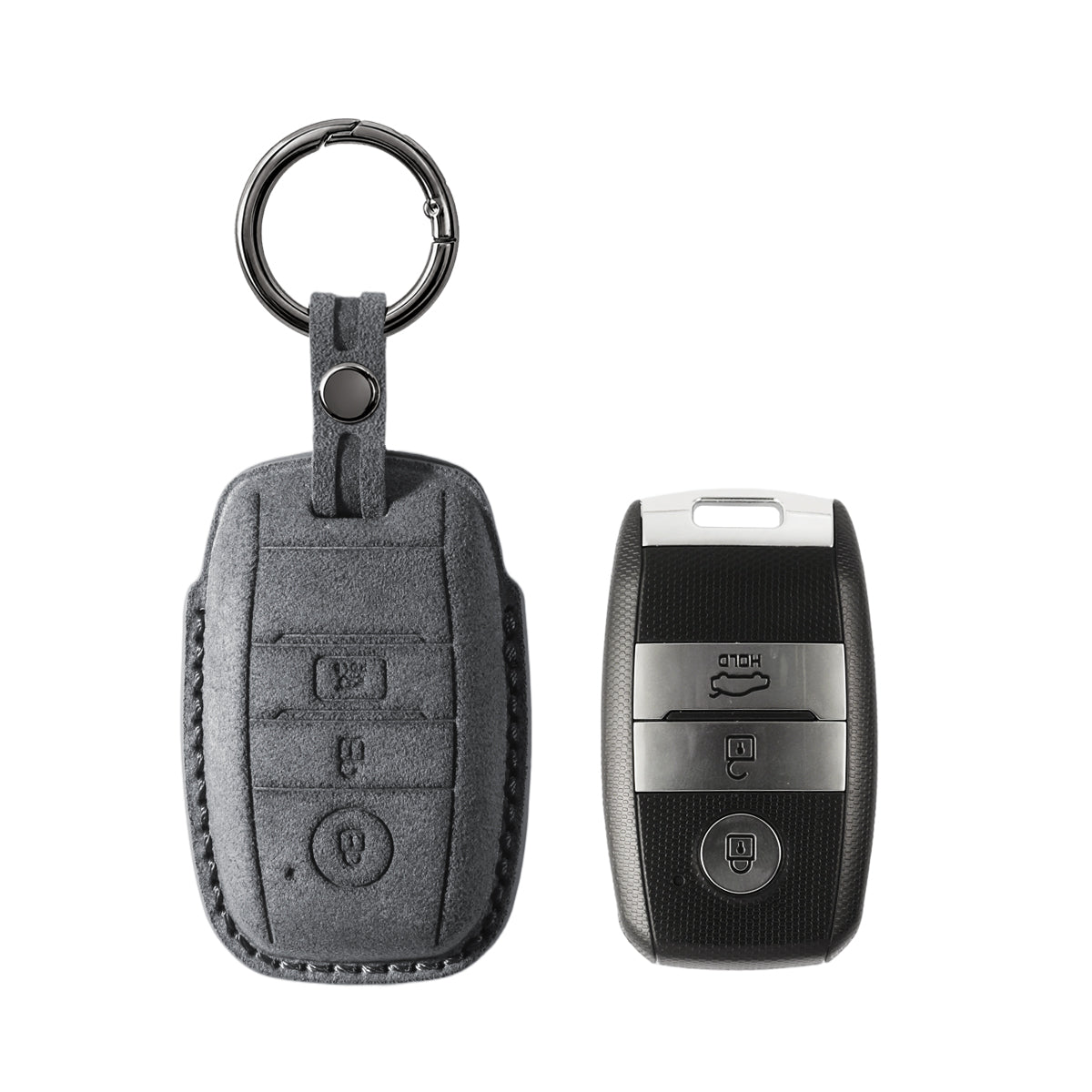 Kia key fob cover shown with key, Alcantara suede