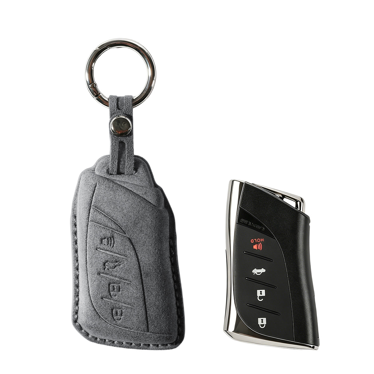 Lexus key fob cover shown with key, Alcantara suede