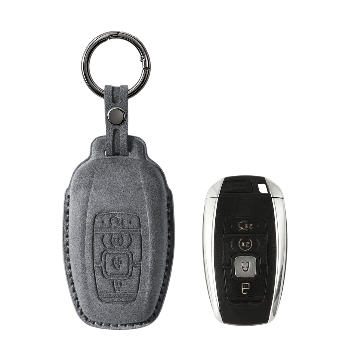 Lincoln key fob cover shown with key, Alcantara suede