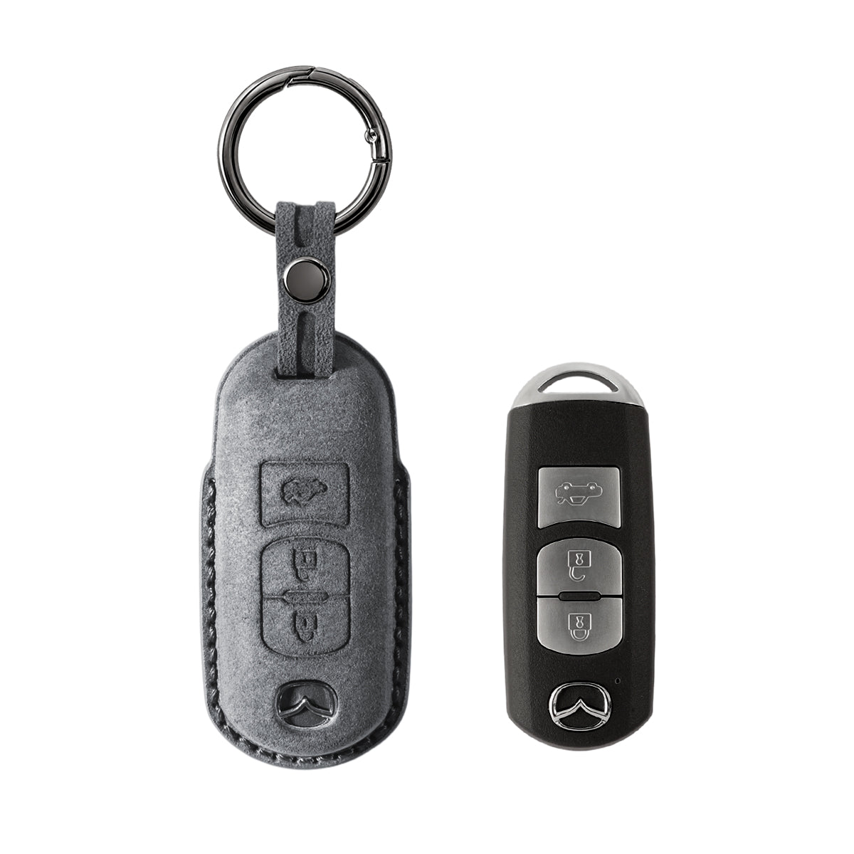 Mazda key fob cover shown with key, Alcantara suede