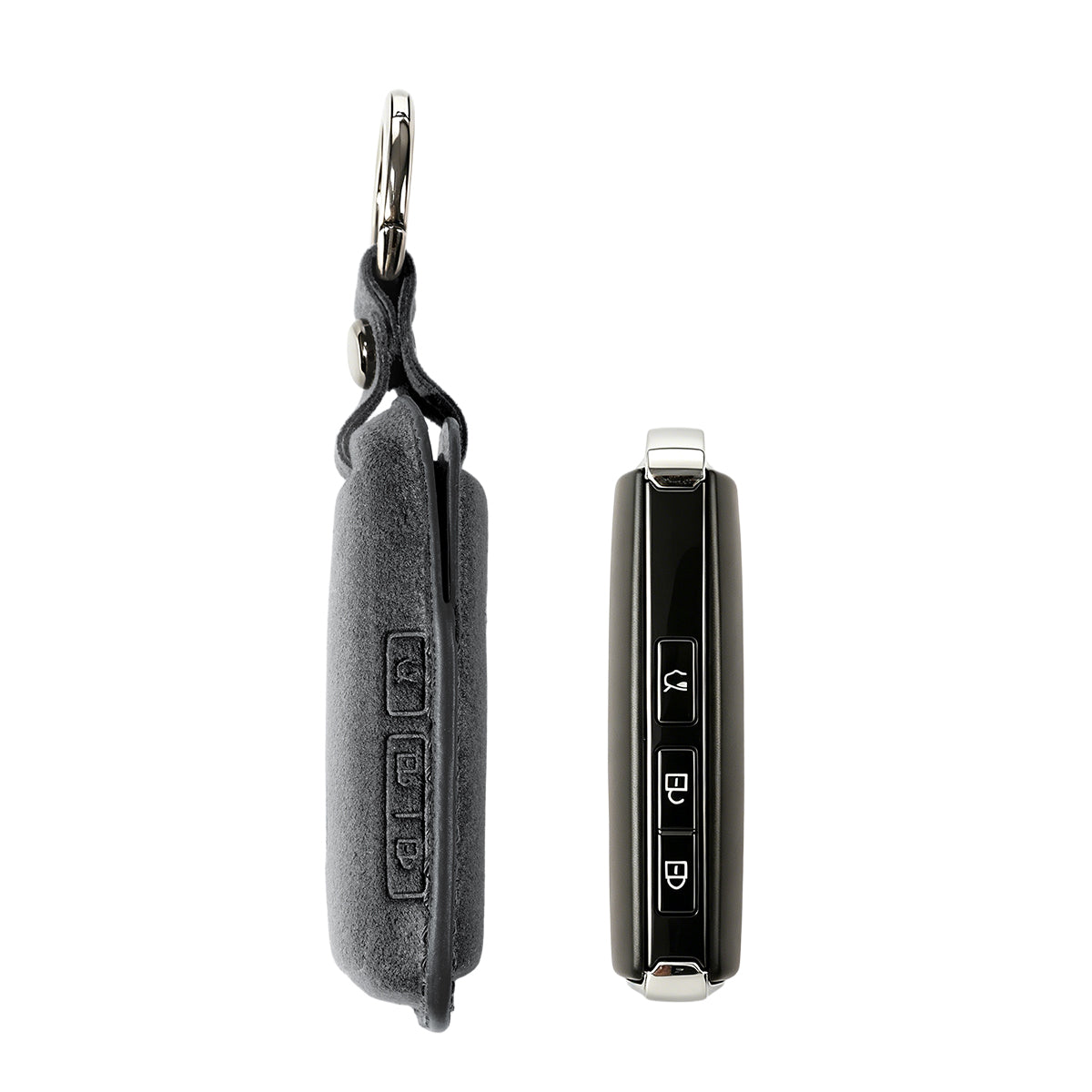 Mazda key fob cover shown with key, Alcantara suede