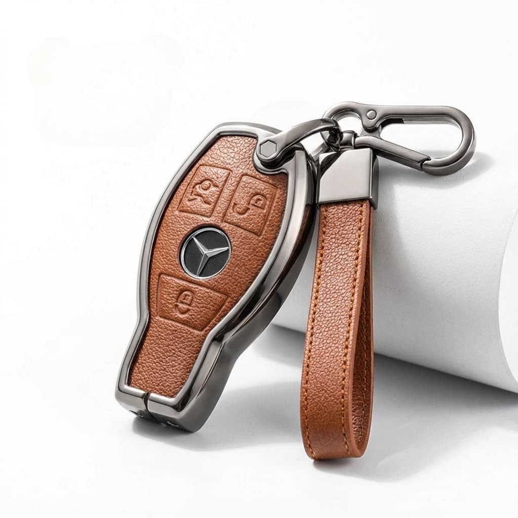 Mercedes-Benz key fob with brown leather strap on a white background