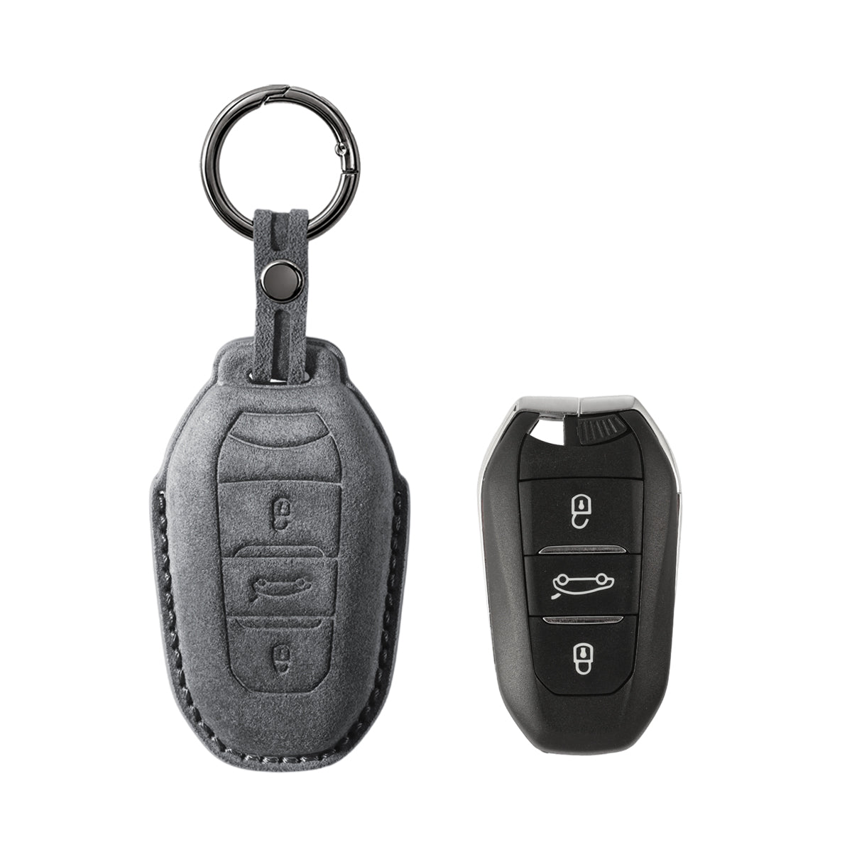Peugeot key fob cover shown with key, Alcantara suede