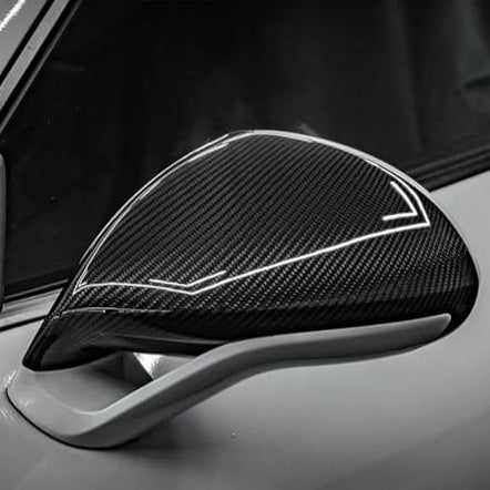 Dry carbon mirror cap installed on Porsche 981 Boxster/Cayman – close-up twill gloss