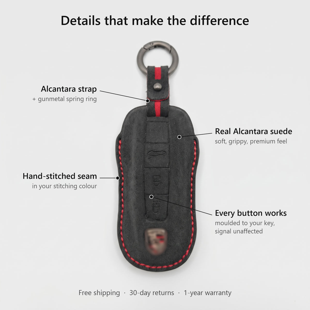 Features of the Alcantara Porsche key cover – Alcantara strap, real Alcantara suede, hand-stitched seam, all buttons work