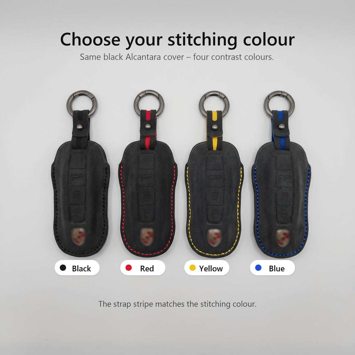 Alcantara Porsche key cover in four stitching colours – black, red, yellow and blue
