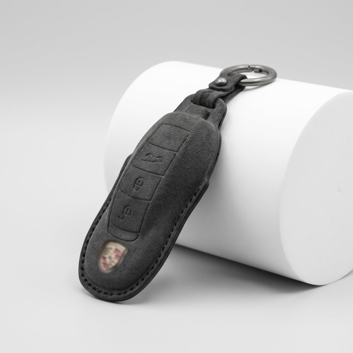 Alcantara key fob cover for Porsche Type A with black stitching