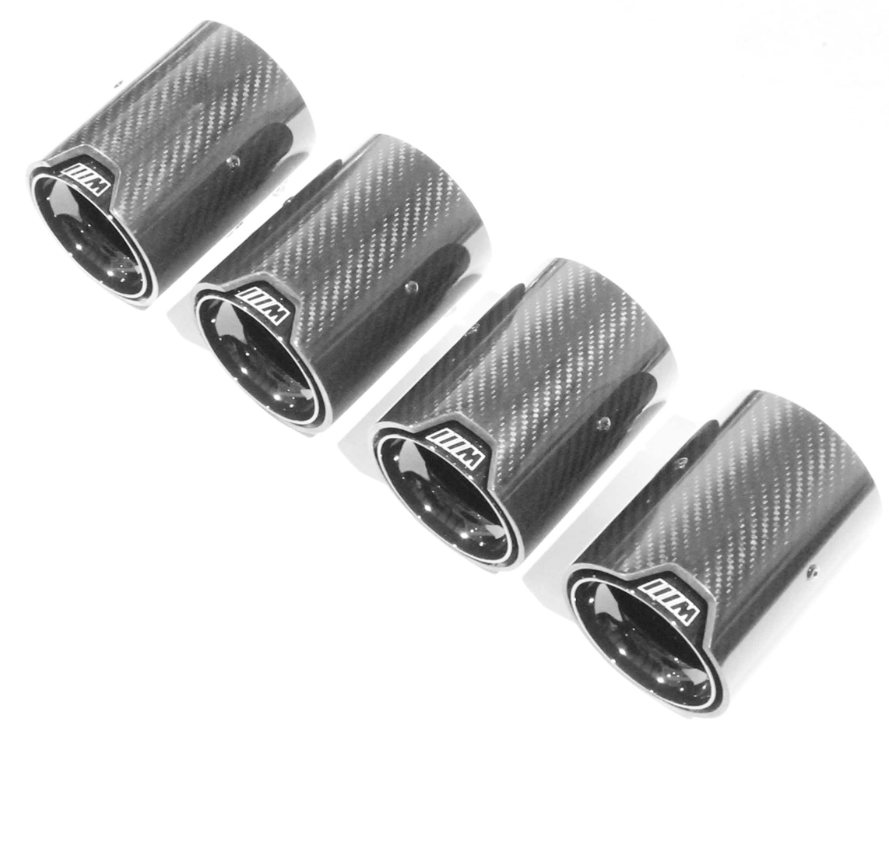 Set of four BMW M2 M3 M4 M5 carbon fiber exhaust tips, designed for high performance, with a glossy black finish for a refined, aggressive look.