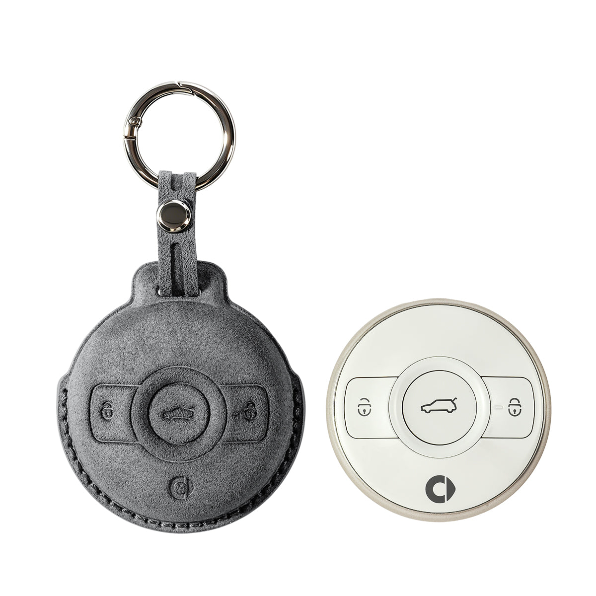 Smart key fob cover shown with key, Alcantara suede