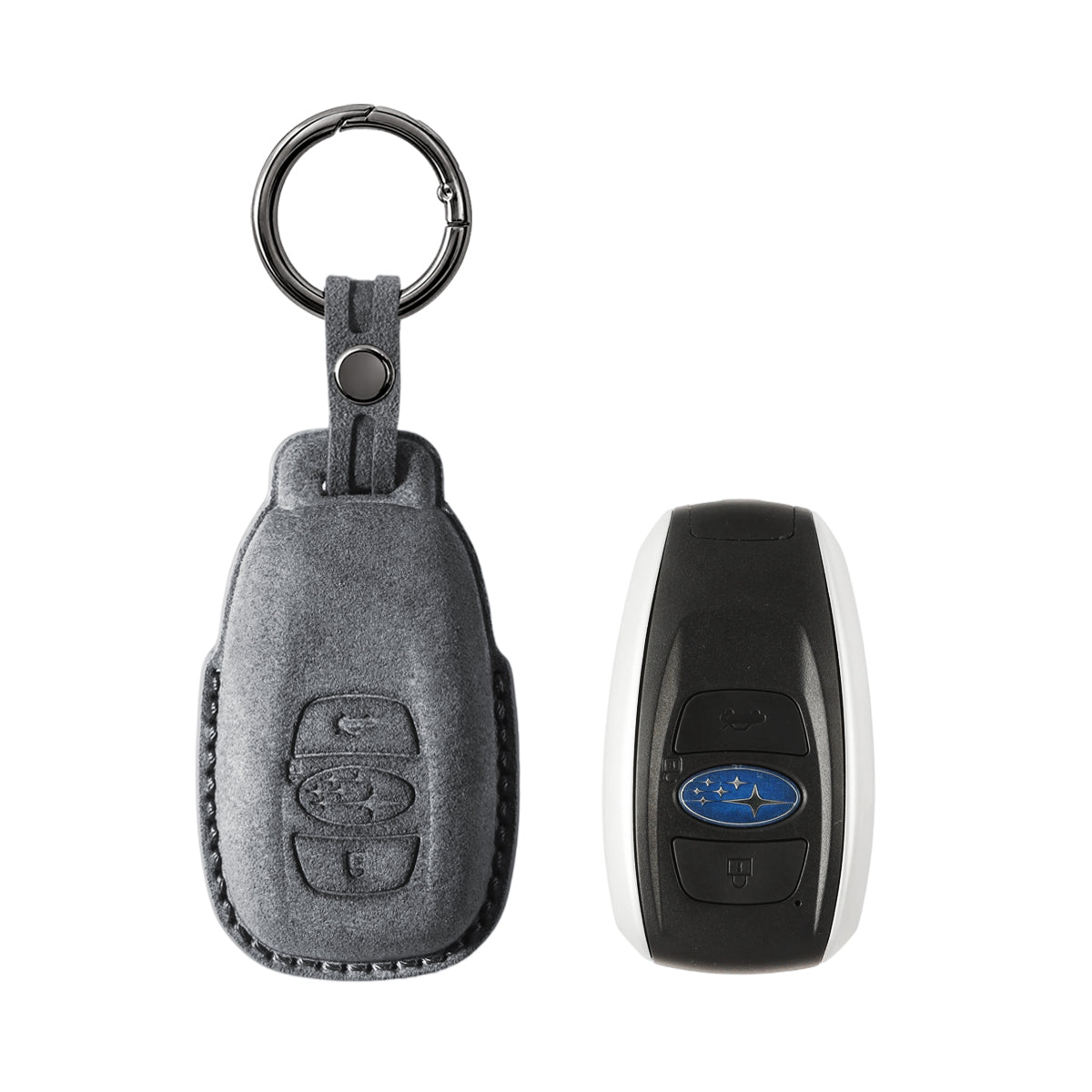 Subaru key fob cover shown with key, Alcantara suede