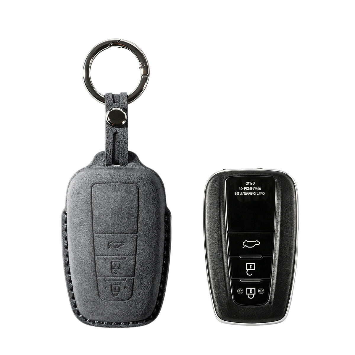 Toyota key fob cover shown with key, Alcantara suede
