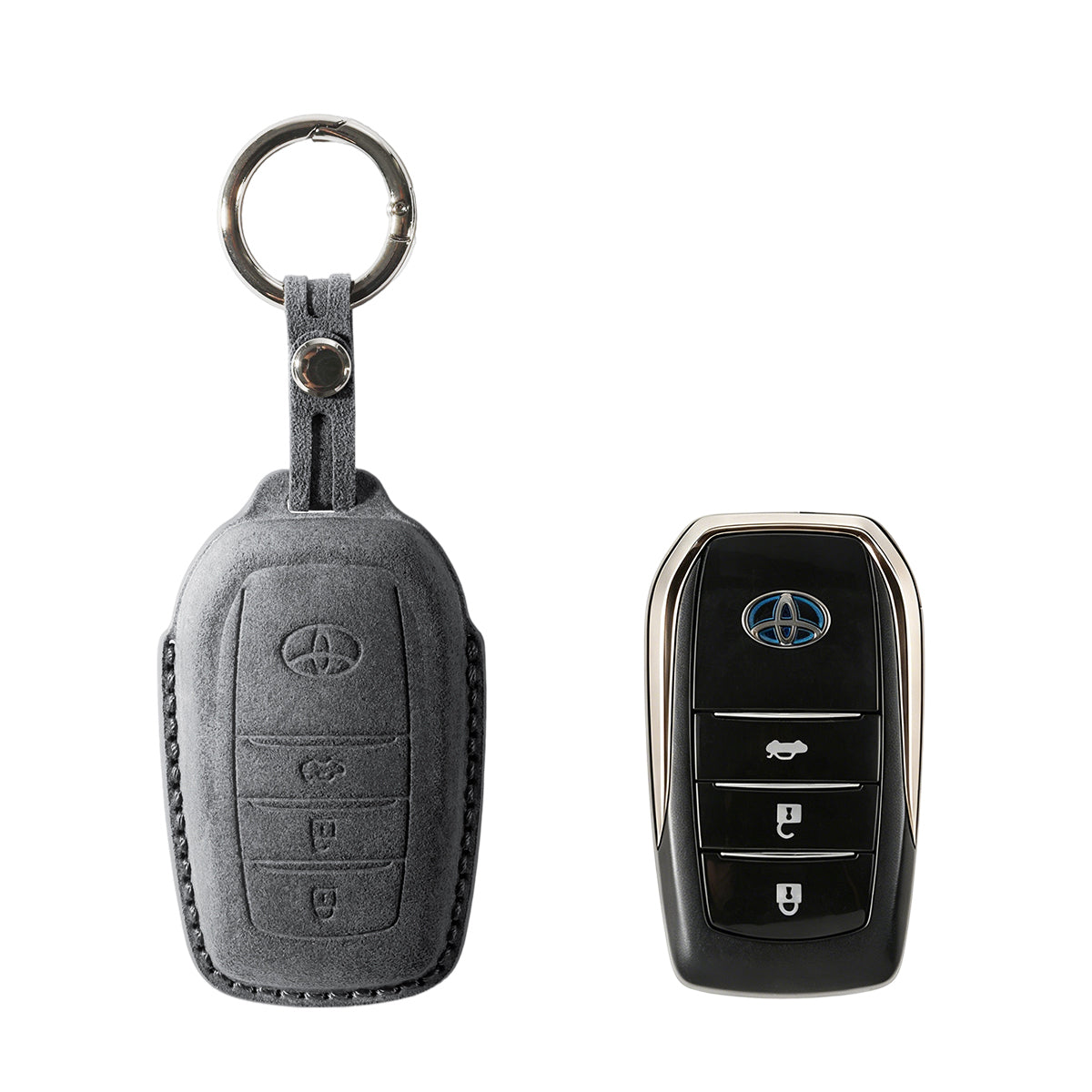 Toyota key fob cover shown with key, Alcantara suede