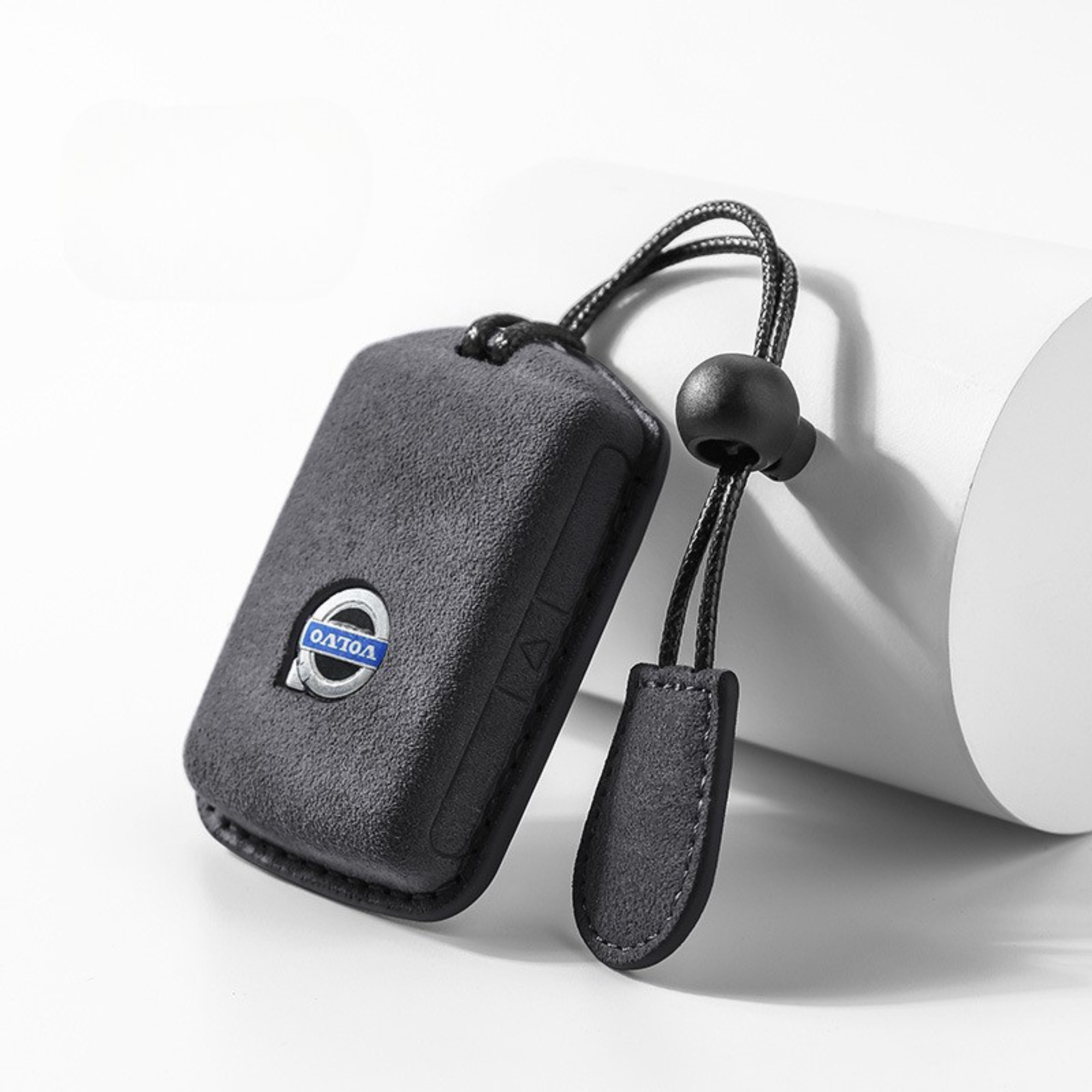 Black Alcantara Volvo key cover with suede loop keyring

