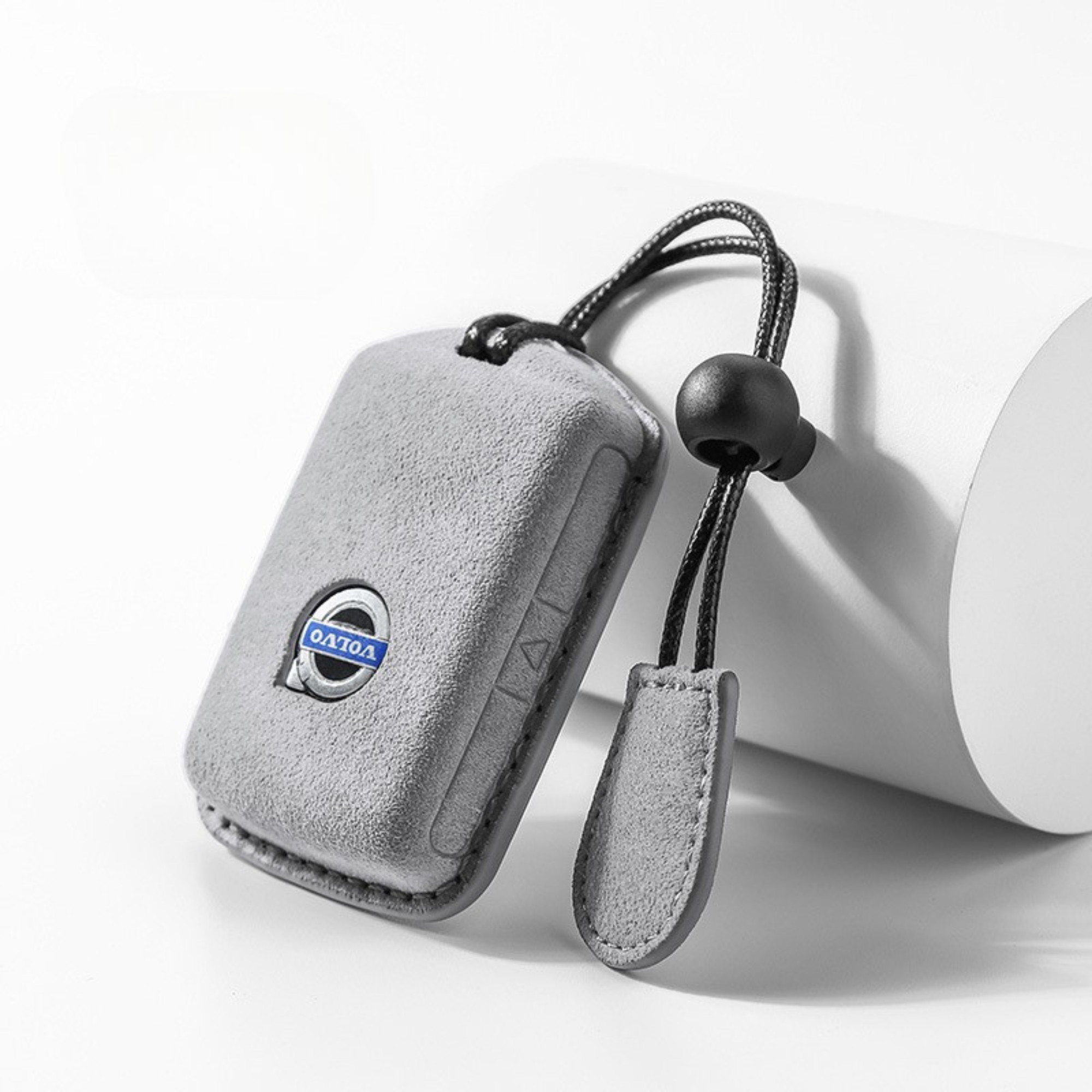 Grey Volvo suede key case with metal keyring option

