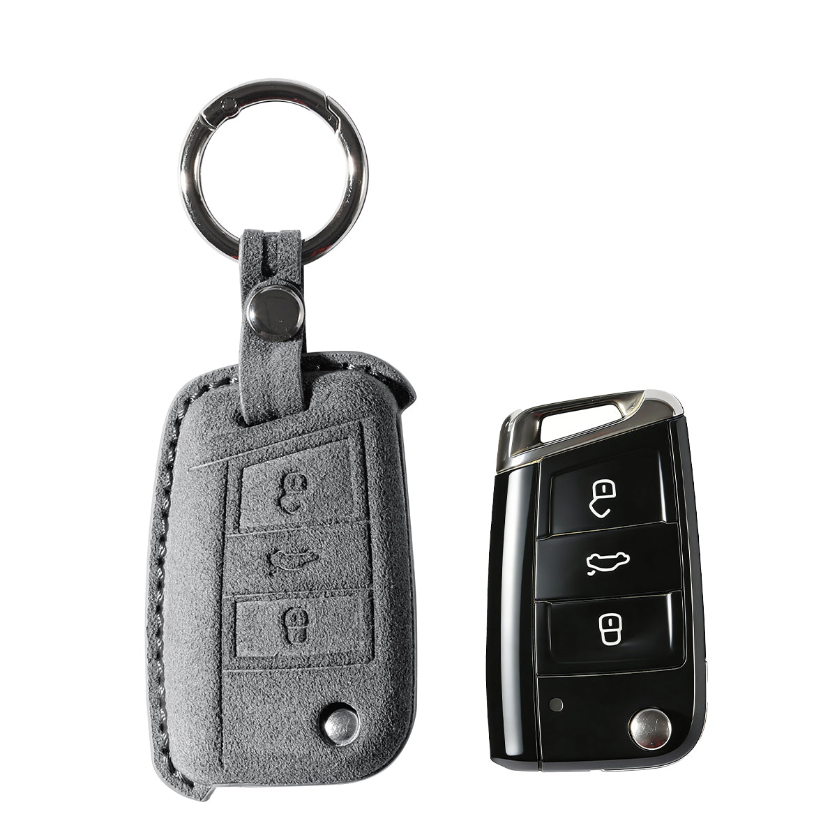 Volkswagen key fob cover shown with key, Alcantara suede