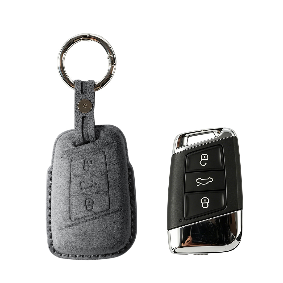 Volkswagen key fob cover shown with key, Alcantara suede