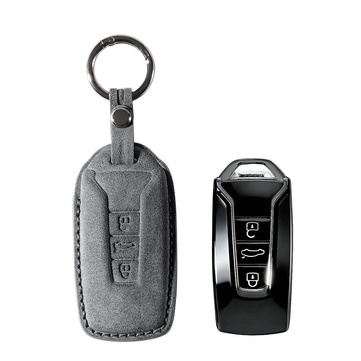Volkswagen key fob cover shown with key, Alcantara suede