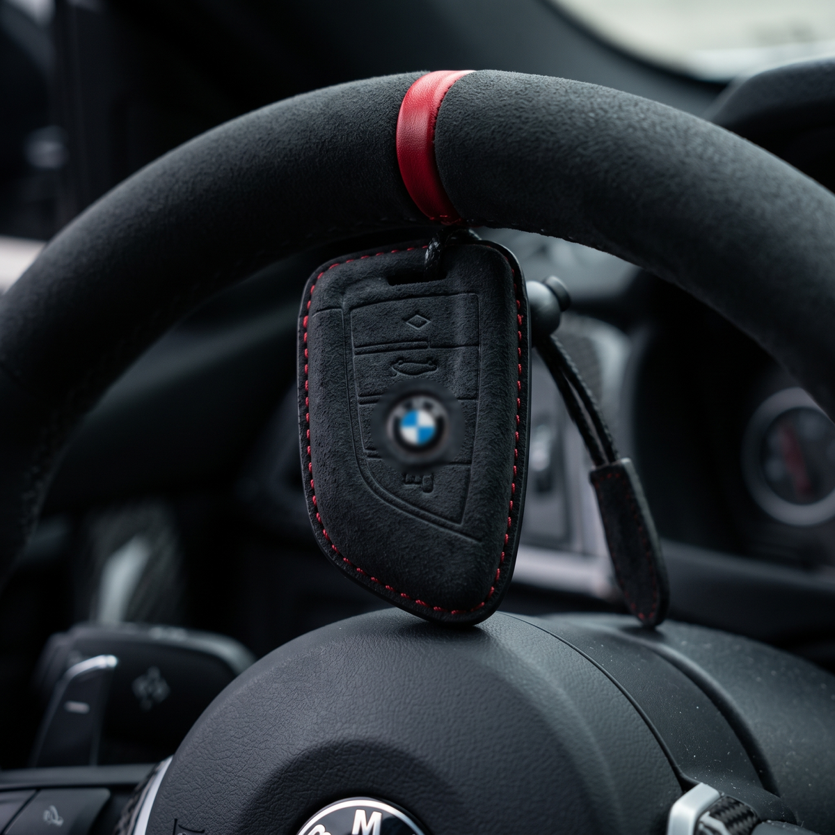 Black suede key cover on Alcantara steering wheel with red marker