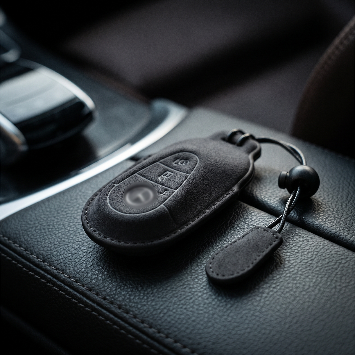 Suede key cover fully wrapping a car key on a leather armrest